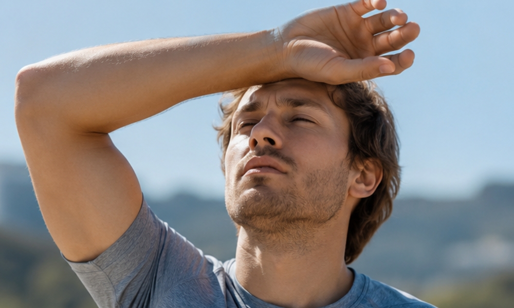 Person experiencing early dehydration symptoms including thirst dry mouth and fatigue